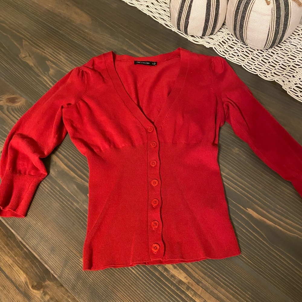 The Limited Cherry Red Fitted Cardigan. 3/4 Sleeves. Size Small.